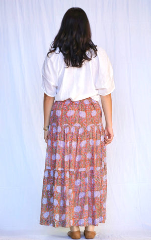 Block Printed Tiered Cotton Skirt Brown Multi -Blue Hand Home