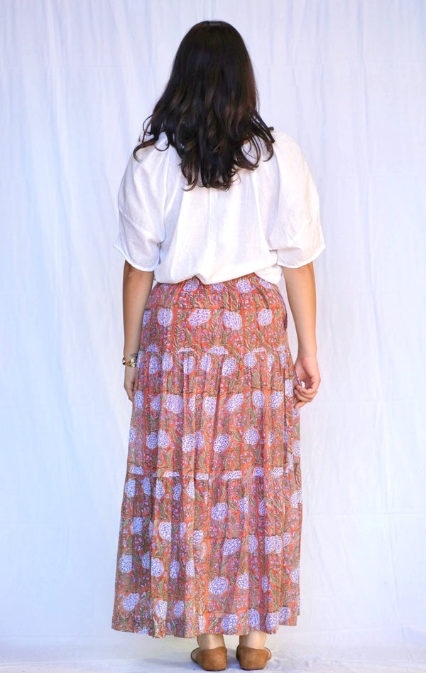 Block Printed Tiered Cotton Skirt Brown Multi -Blue Hand Home