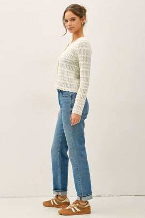 Openwork Knit Scalloped Edge Cardigan-Blue Hand Home