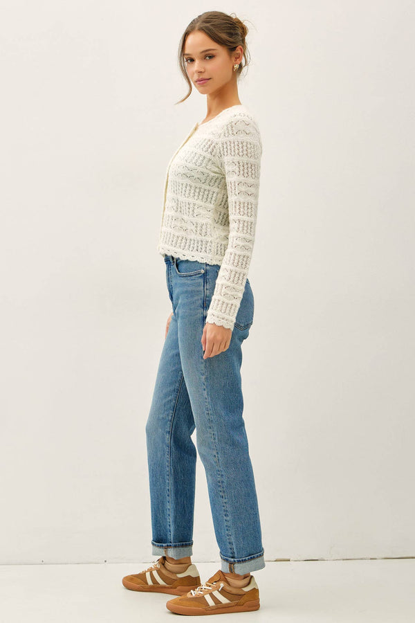 Openwork Knit Scalloped Edge Cardigan-Blue Hand Home