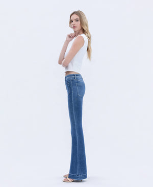 MID RISE BUTTON FLY TROUSER HEM FLARE JEANS T5848-Blue Hand Home