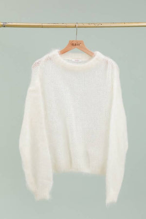 Round neck long sleeve sweater in 80% kid mohair-Blue Hand Home