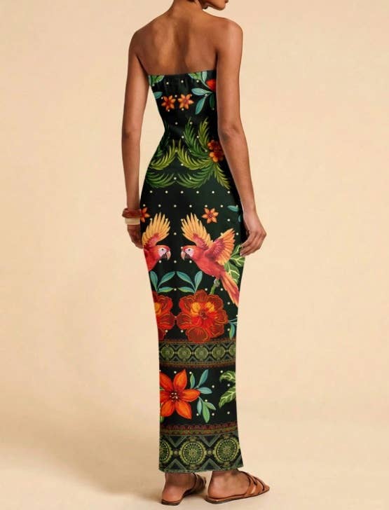 Tropical Floral Print Strapless Maxi Dress Tube Dress-Blue Hand Home