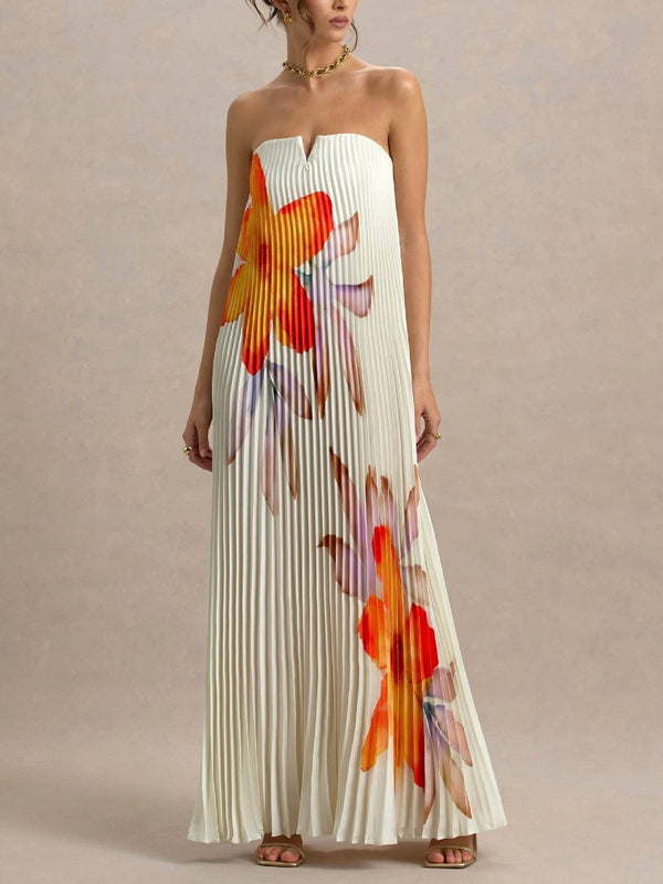 Bergamot Floral Pleated Sweetheart Neck Maxi Dress-Blue Hand Home