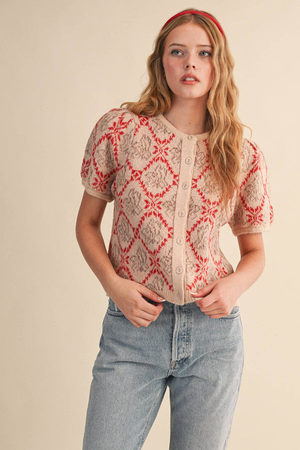 FLORAL SHORT SLEEVE SWEATER CARDIGAN MSW11258-Blue Hand Home