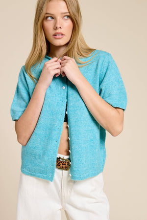 Short Sleeve Button Down Cardigan Top-Blue Hand Home