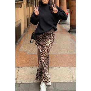 Vintage Leopard Print Satin High Waist Midi Skirt-Blue Hand Home