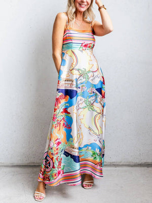 Resort High-Waisted Printed Large Swing Slip Dress-Blue Hand Home