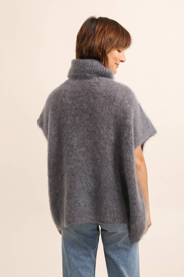 80% Kid Mohair Turtleneck Poncho Sweater: Ecru / One Size-Blue Hand Home