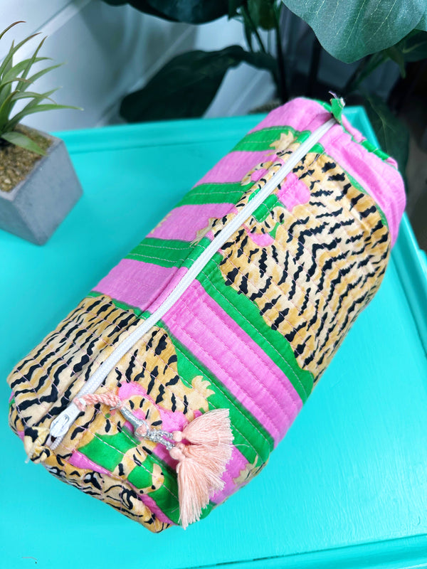 Quilted Makeup Bags | Cosmetic Toiletry Bag | Tiger Print-Blue Hand Home