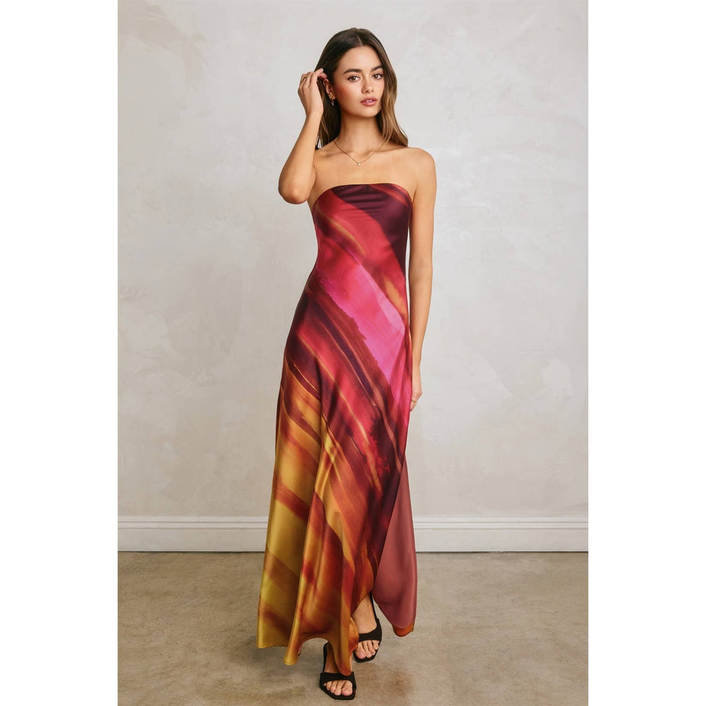 Watercolor Stripe Satin Strapless Bias Cut Maxi Dress-Blue Hand Home