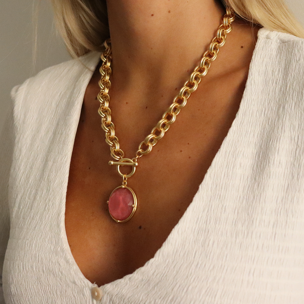 Cabochon Pendant Necklace - Mother of Pearl-24K Gold Plated