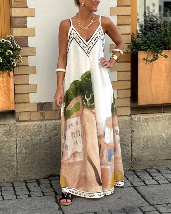Unique Ink Landscape Print Slip Maxi Dress-Blue Hand Home