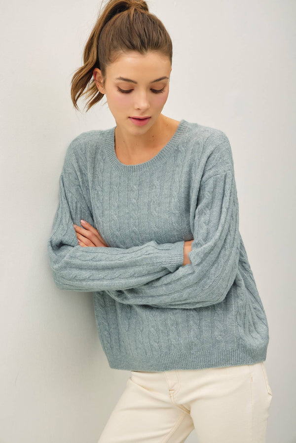 OVERSIZED BOXY CUT CABLE KNIT SWEATER-Blue Hand Home