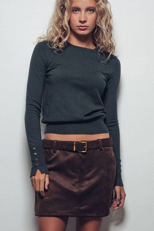 Polished Button Cuff Slim Knit Top-Blue Hand Home