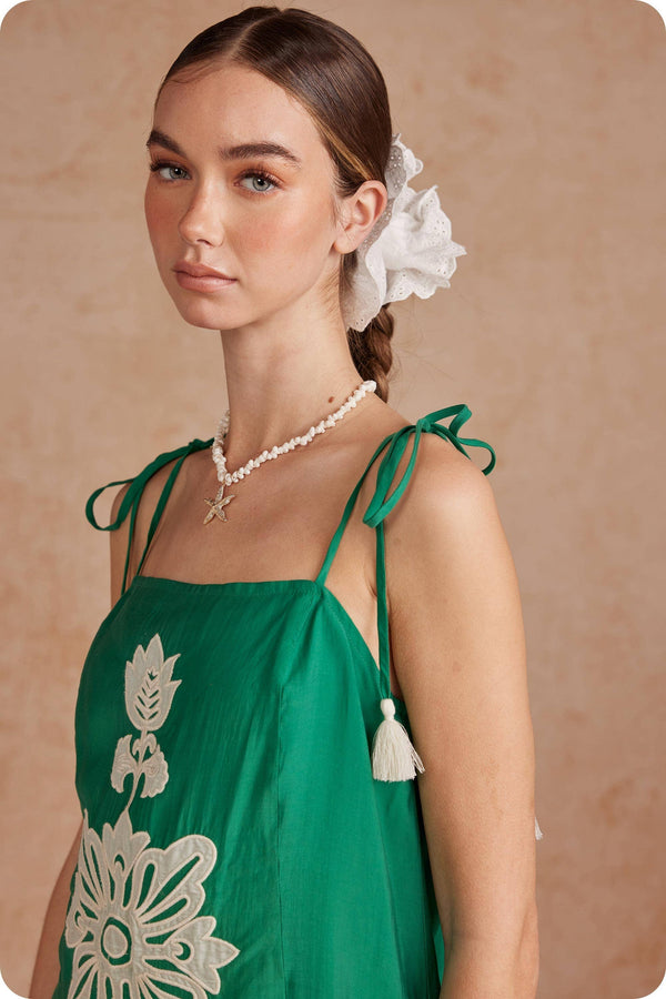 Floral Embroidered Sleeveless Tassel Tie Strap Midi Dress