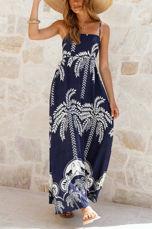 Tropical vacation palm print A-line strappy maxi dress-Blue Hand Home