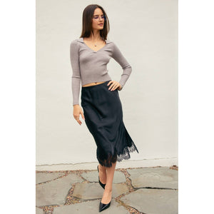 Dull Satin Lace Hem Pencil Skirt-Blue Hand Home