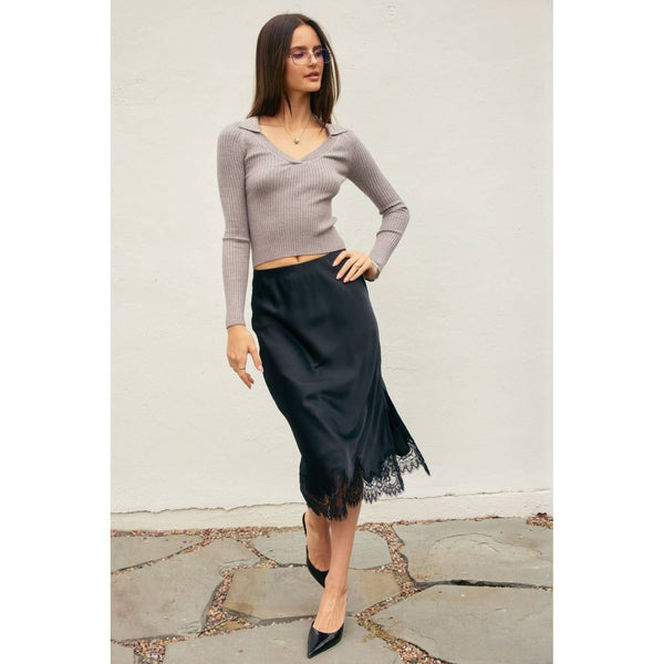 Dull Satin Lace Hem Pencil Skirt-Blue Hand Home