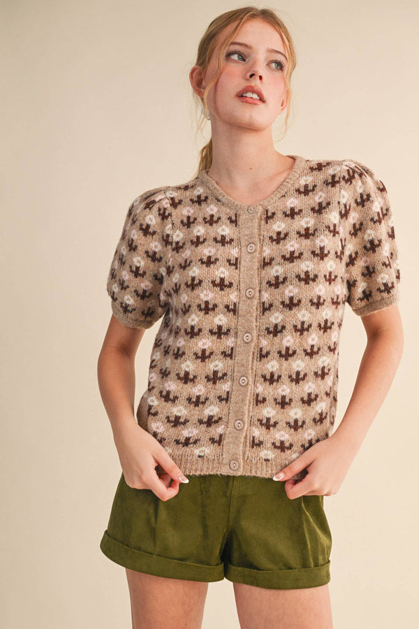 FLORAL SHORT SLEEVE SWEATER CARDIGAN MSW11259-Blue Hand Home