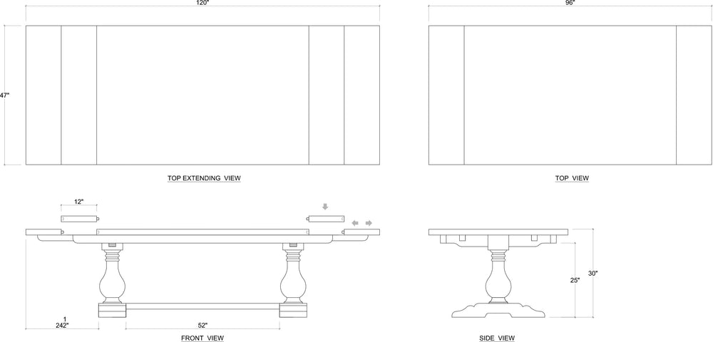 Trestle Extension Table 96'' extends to 120'' w/o Grooves-Blue Hand Home