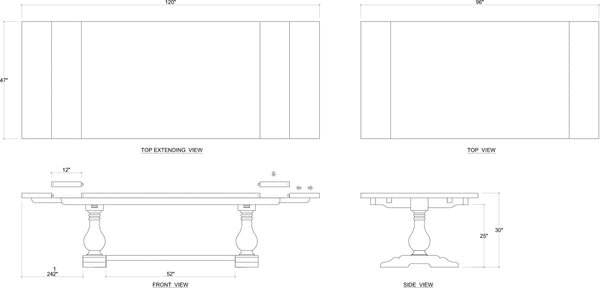 Trestle Extension Table 96'' extends to 120'' w/o Grooves-Blue Hand Home