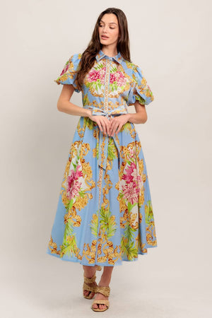 A Printed Woven Midi Dress - Id23438-Blue Hand Home