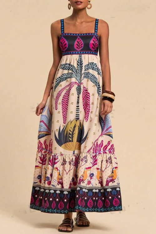 2025 SUMMER Bohemia Tropical totem print strappy flare dress-Blue Hand Home