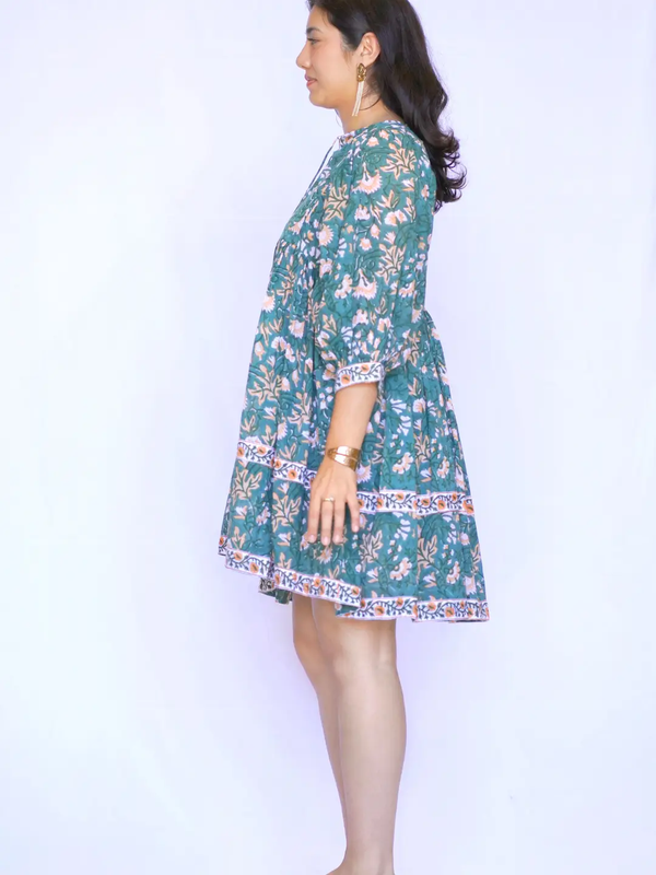 Raya Mini Dress Green-Beige-Blue Hand Home