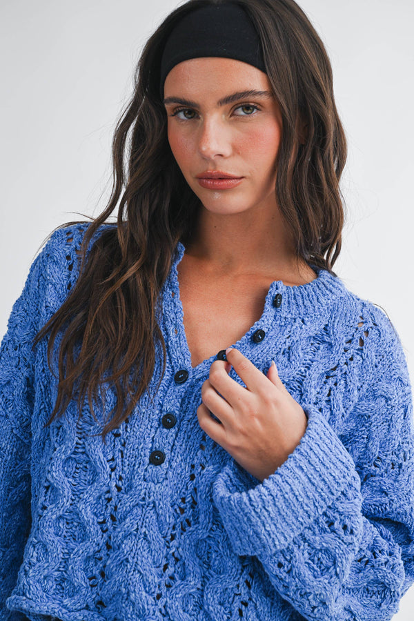 3463hk Textured Cropped Henley Knit Sweater