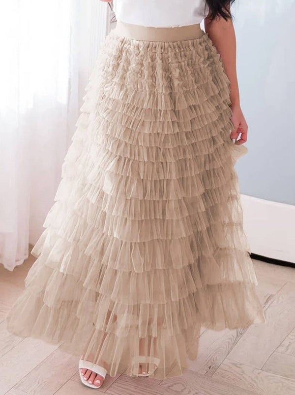 Elastic waist ruffle tulle maxi skirt-Blue Hand Home