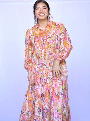 Demi Ikat Dress Gold Multi -Blue Hand Home