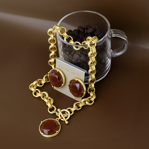 Mocha Stone Pendant Necklace - 24K Gold Plated