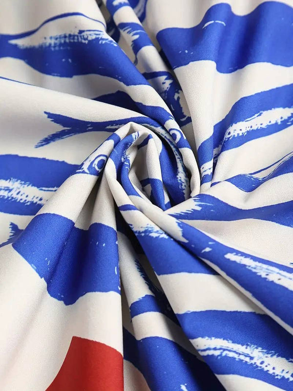 Vacation ocean fish print strap dress back elastic-Blue Hand Home