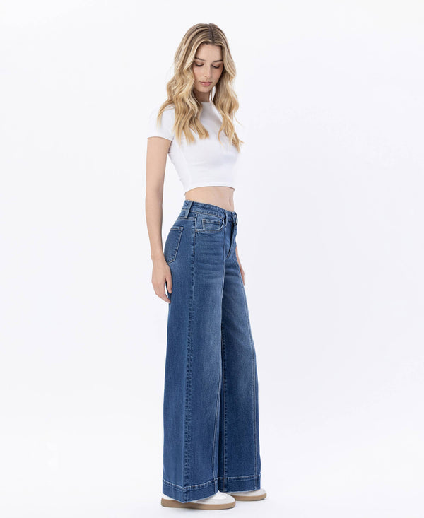 HIGH RISE TROUSER HEM WIDE LEG JEANS LV1753-Blue Hand Home