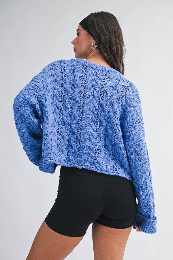3463hk Textured Cropped Henley Knit Sweater