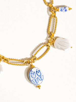 Riela 18K Gold Non-Tarnish Ceramic Floral Chain Necklace-Blue Hand Home