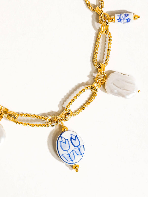 Riela 18K Gold Non-Tarnish Ceramic Floral Chain Necklace-Blue Hand Home