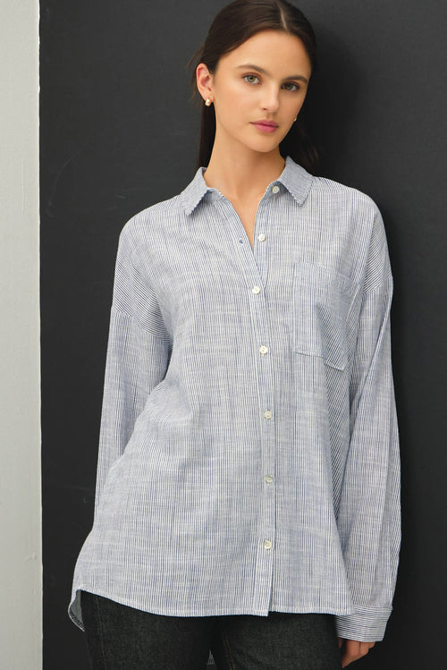 HAIRLINE STRIPE BUTTON DOWN SHIRT-Blue Hand Home