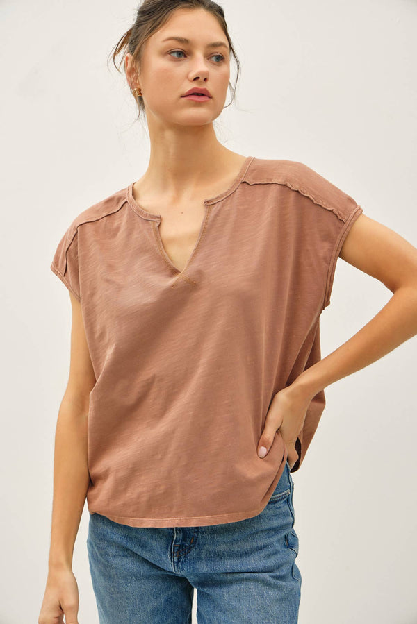 Garment Dye Oversize Cut Split-V Cotton Slub Tee-Blue Hand Home