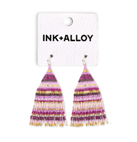 Lexie Horizontal Stripes Beaded Fringe Earrings Purple-Blue Hand Home