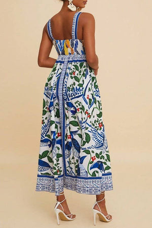 Boho Tropical Birdie Blue Floral Print Strappy Flare Dress-Blue Hand Home
