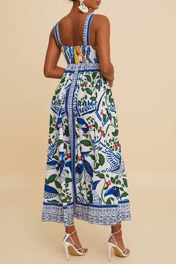 Boho Tropical Birdie Blue Floral Print Strappy Flare Dress-Blue Hand Home