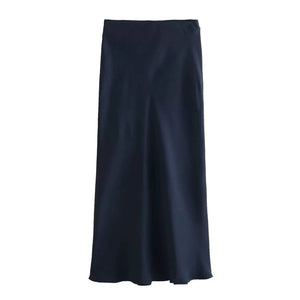 Ladies Solid Color Satin Midi Skirt 5515-Blue Hand Home