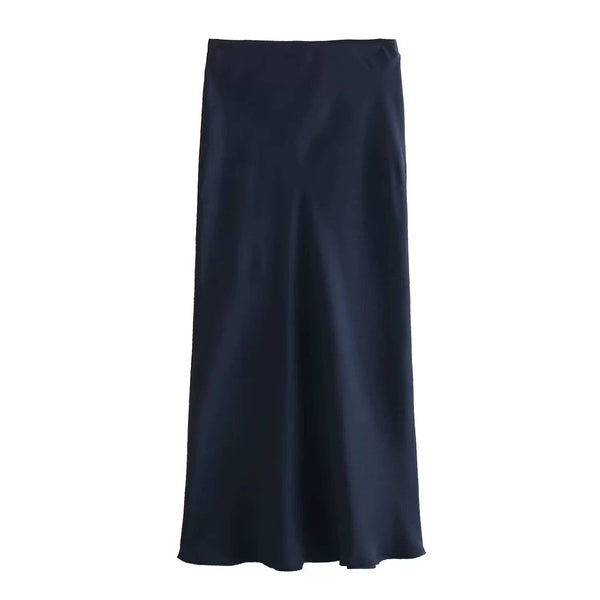 Ladies Solid Color Satin Midi Skirt 5515-Blue Hand Home
