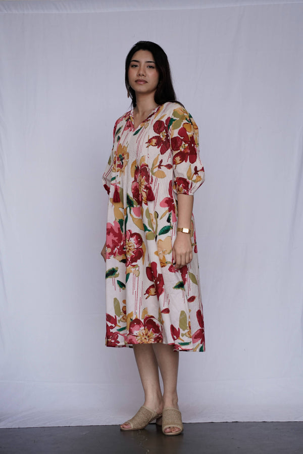 Romantic Garden Midi Dress - Red-Mustard
