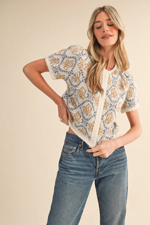 FLORAL SHORT SLEEVE SWEATER CARDIGAN MSW11258-Blue Hand Home