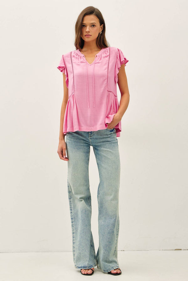 TIE FRONT RUFFLE SLEEVE TOP-Blue Hand Home