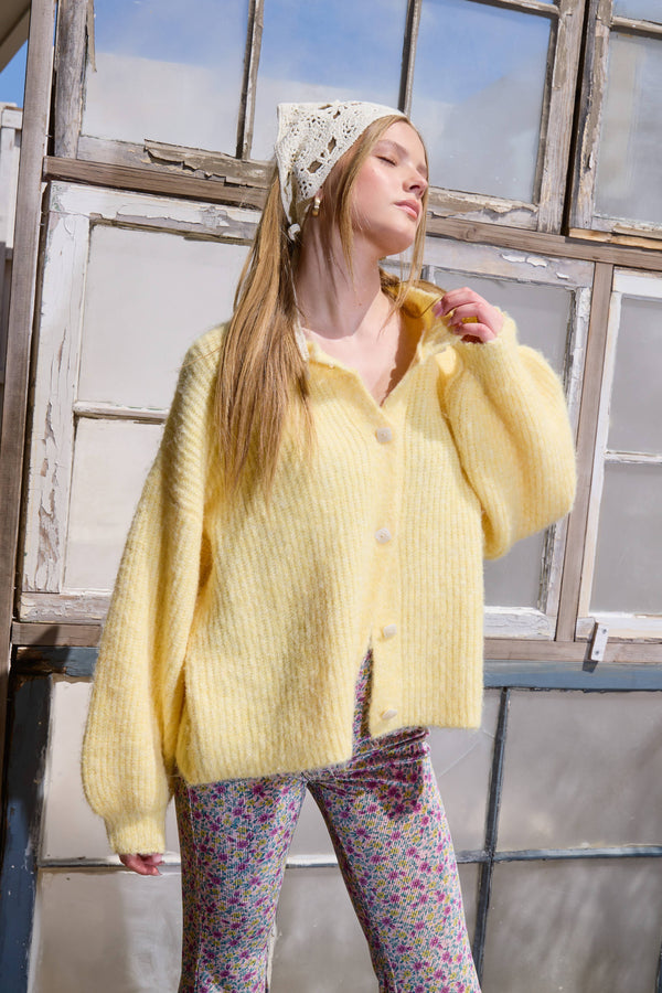 Balloon Sleeve Knit Cardigan-Blue Hand Home
