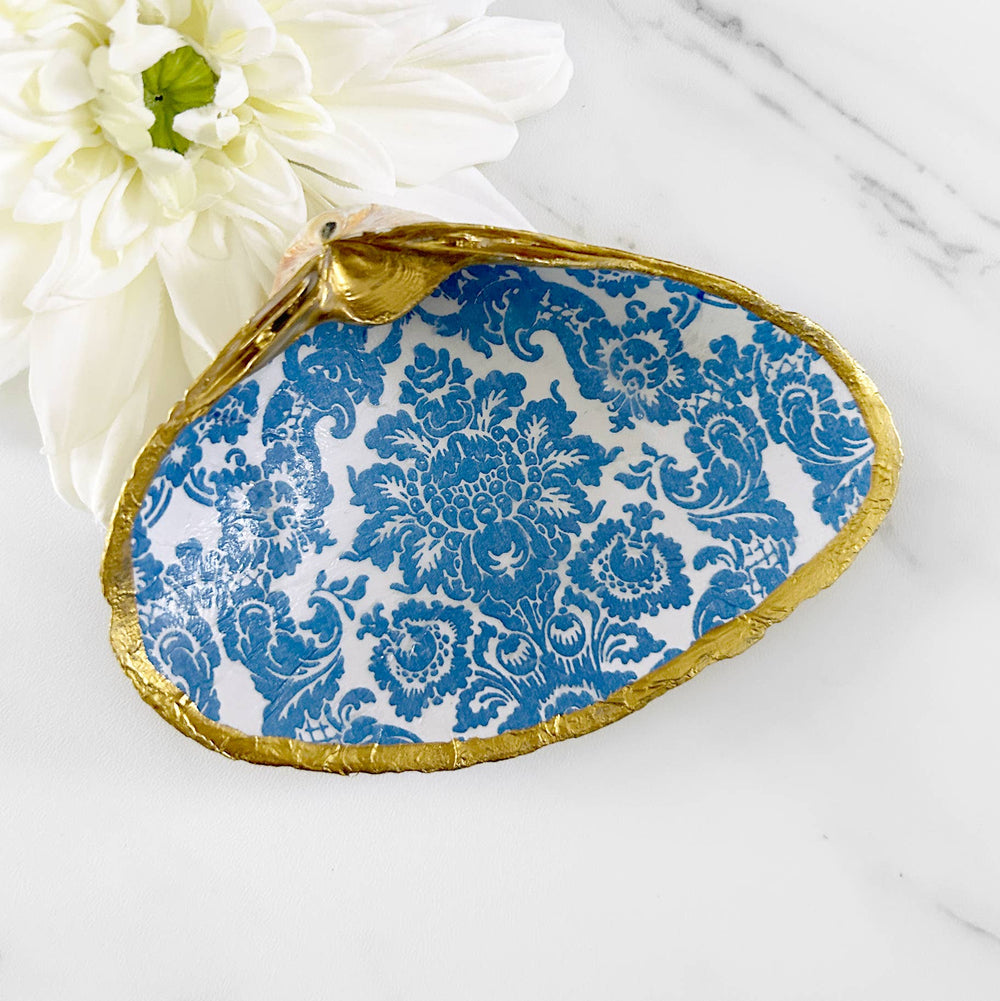 Light Blue Damask Decoupage Clam Shell Trinket Dish-Blue Hand Home